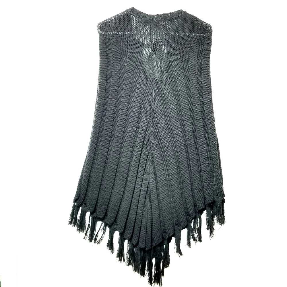 525 America Black 100% Cotton Cable Chunky Knit Ribbed Fringe Hem  Poncho , O/S